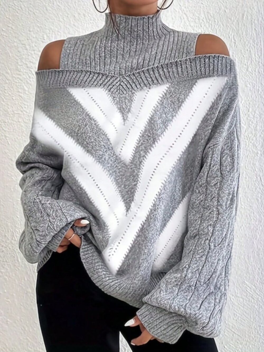 Grey Casual Women's Loose Contrast Color Off Shoulder Stand Collar Pullovers